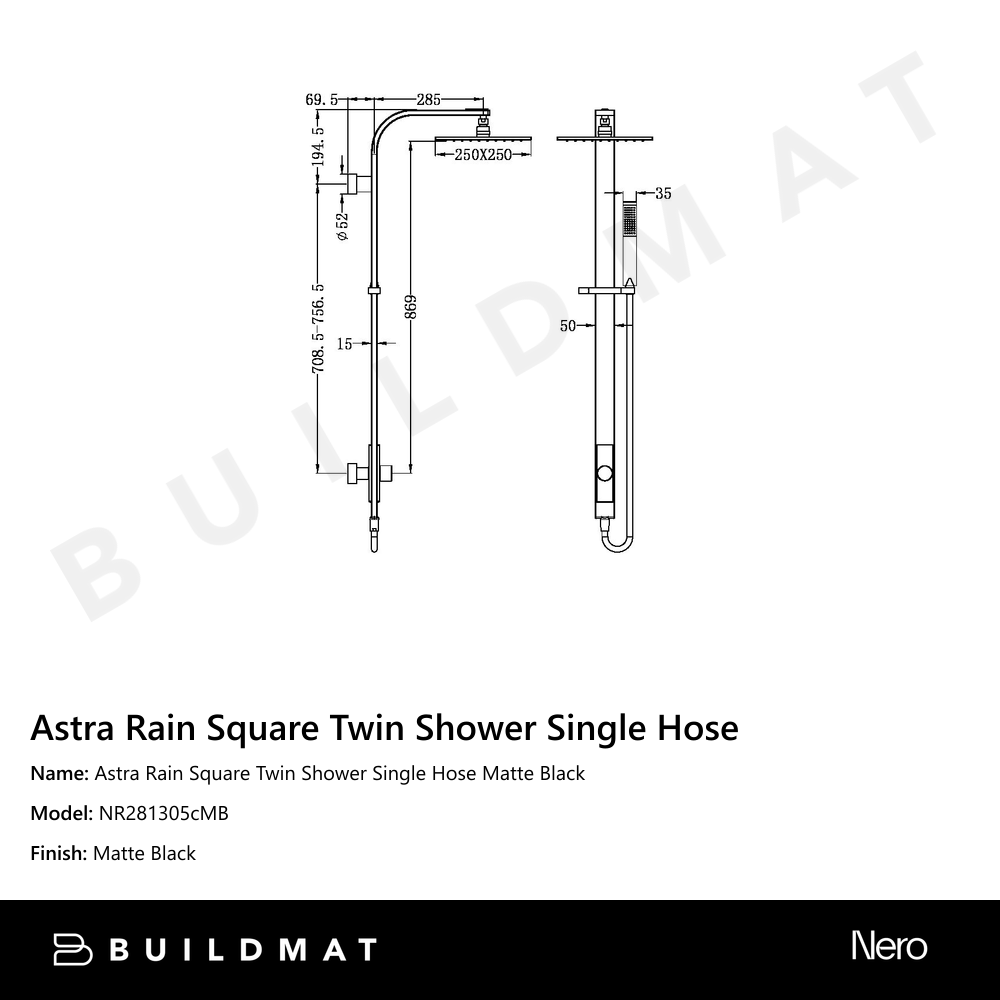 Astra Rain Square Twin Shower Single Hose Matte Black