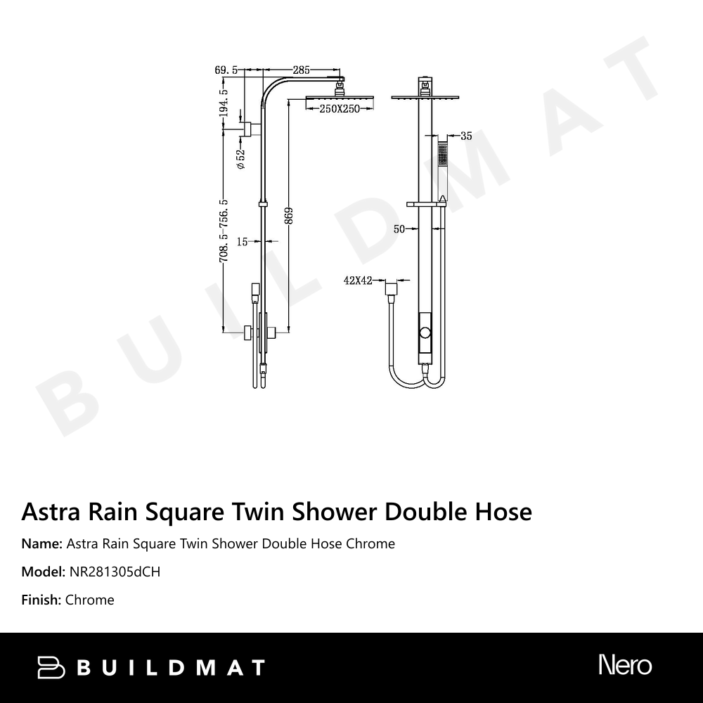 Astra Rain Square Twin Shower Double Hose Chrome