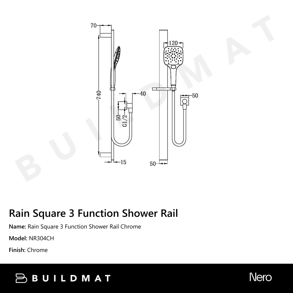 Rain Square 3 Function Shower Rail Chrome