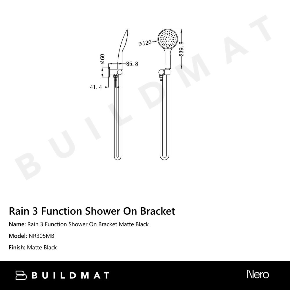 Rain 3 Function Shower On Bracket Matte Black