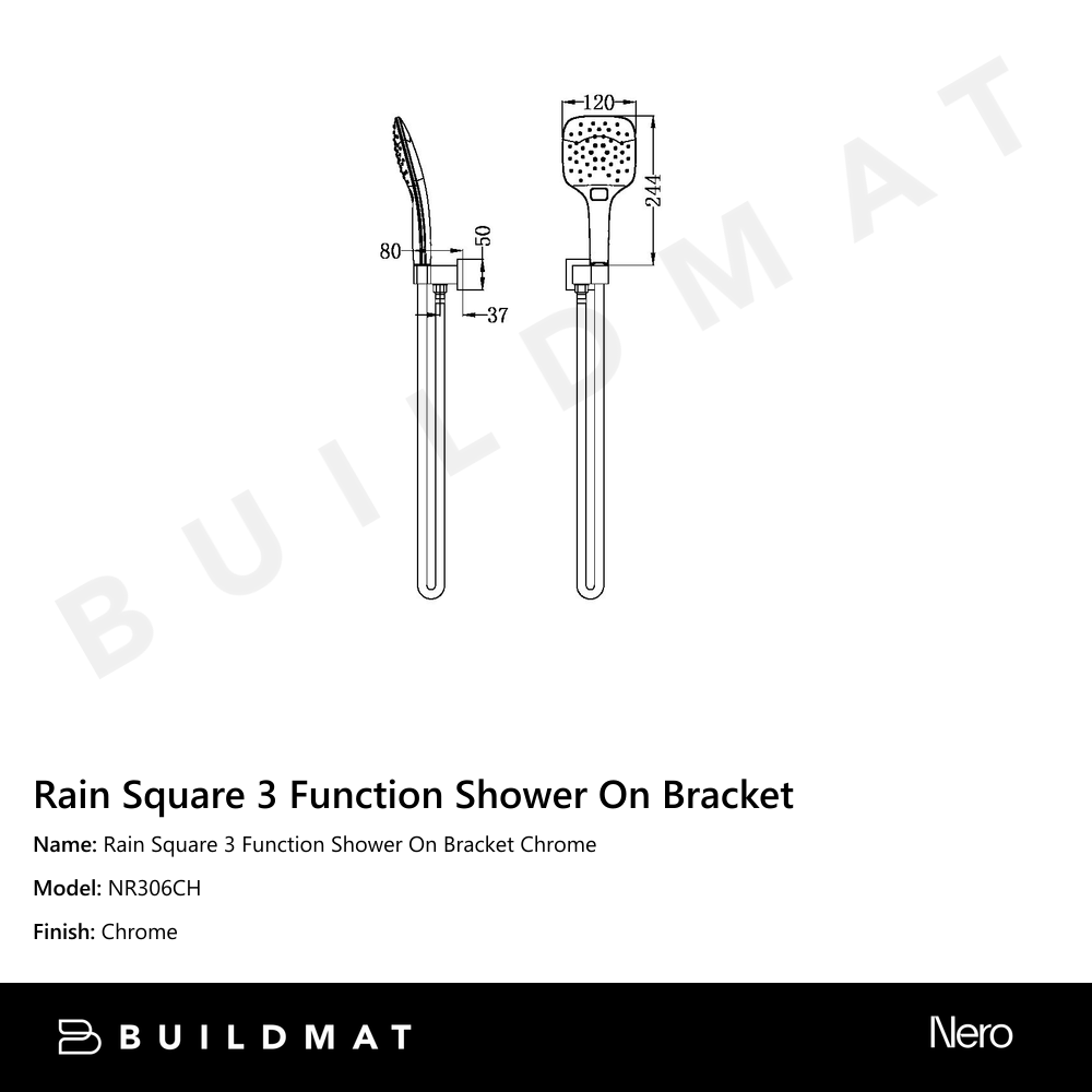 Rain Square 3 Function Shower On Bracket Chrome