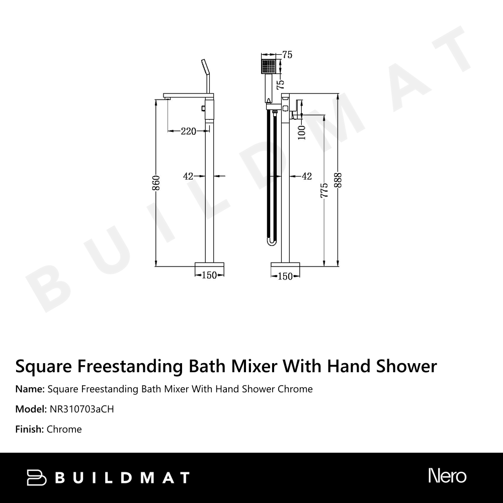 Square Freestanding Bath Mixer With Hand Shower Chrome