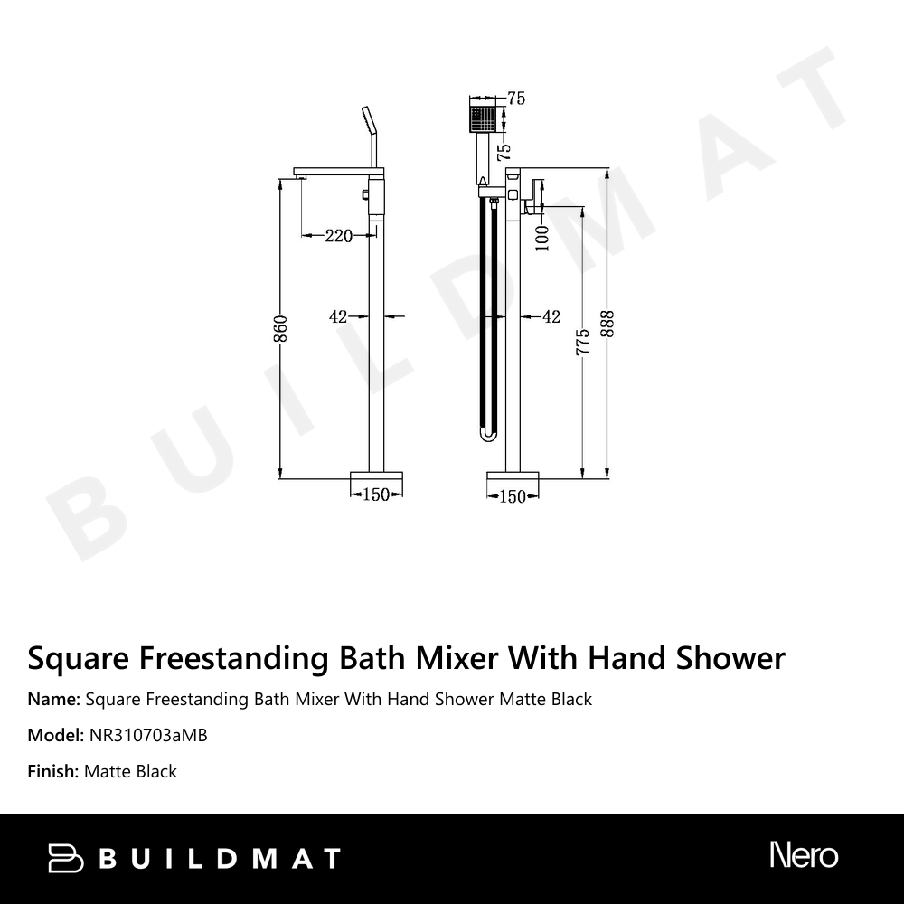 Square Freestanding Bath Mixer With Hand Shower Matte Black