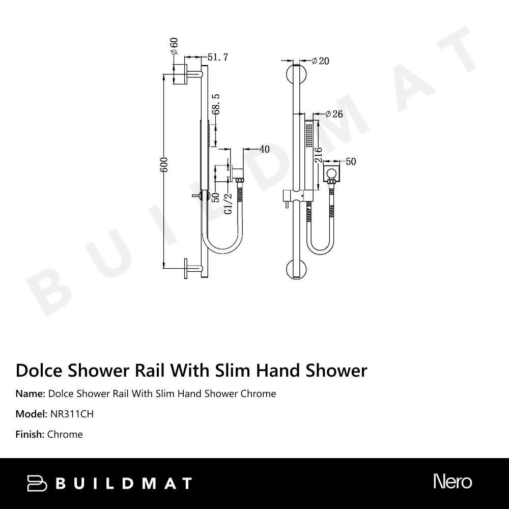 Dolce Shower Rail With Slim Hand Shower Chrome