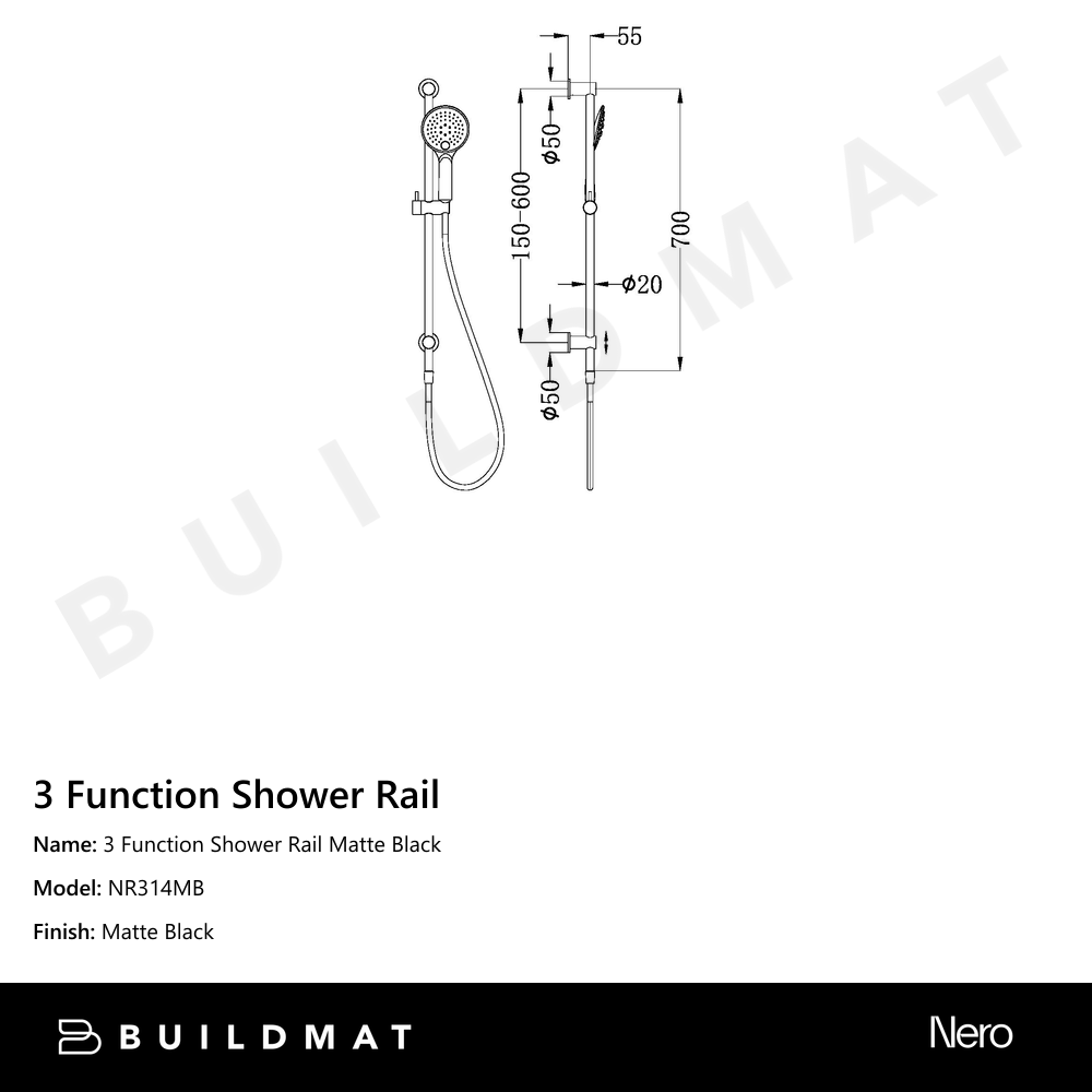 3 Function Shower Rail Matte Black