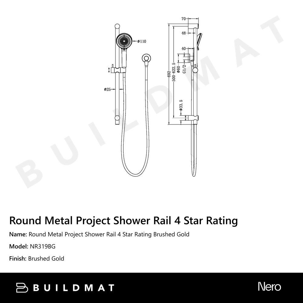 Round Metal Project Shower Rail 4 Star Rating Brushed Gold