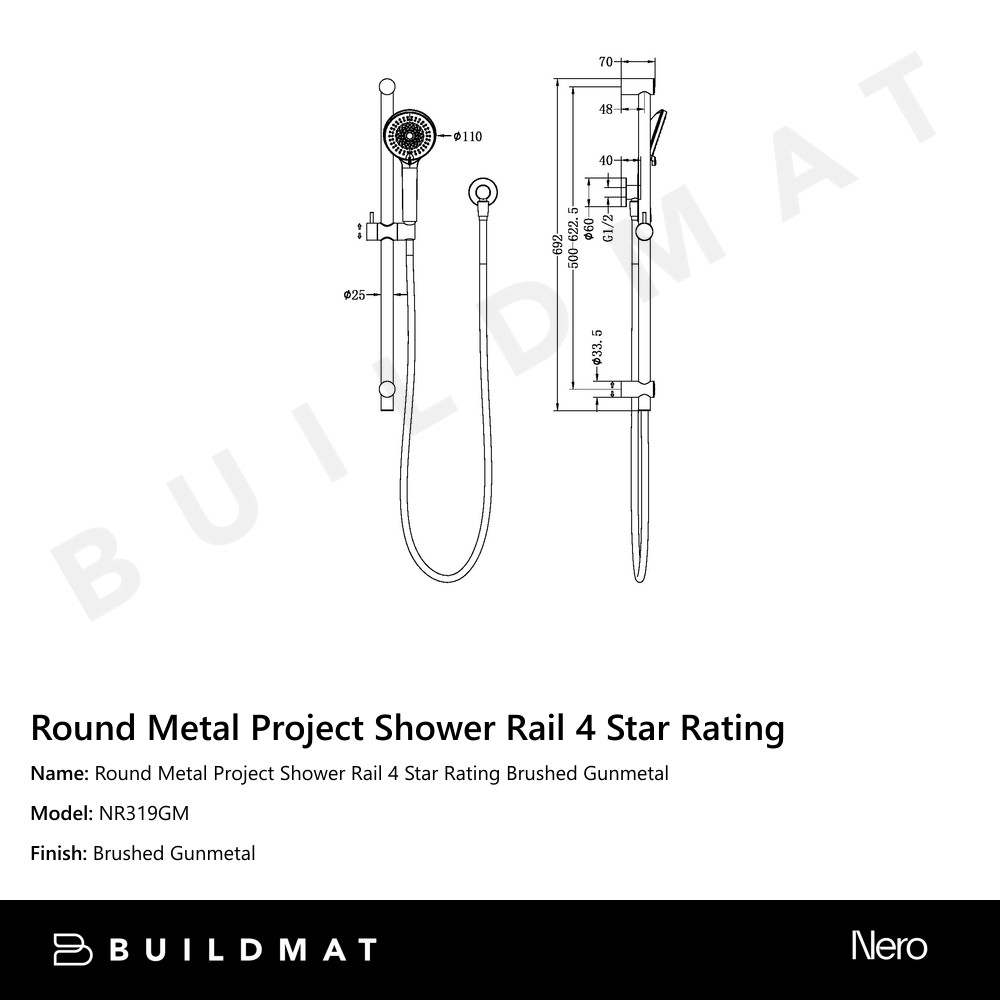 Round Metal Project Shower Rail 4 Star Rating Gun Metal