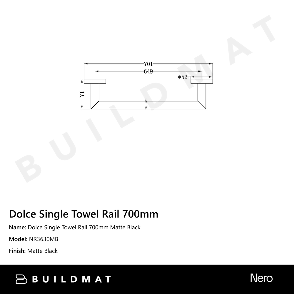 Dolce Single Towel Rail 700mm Matte Black