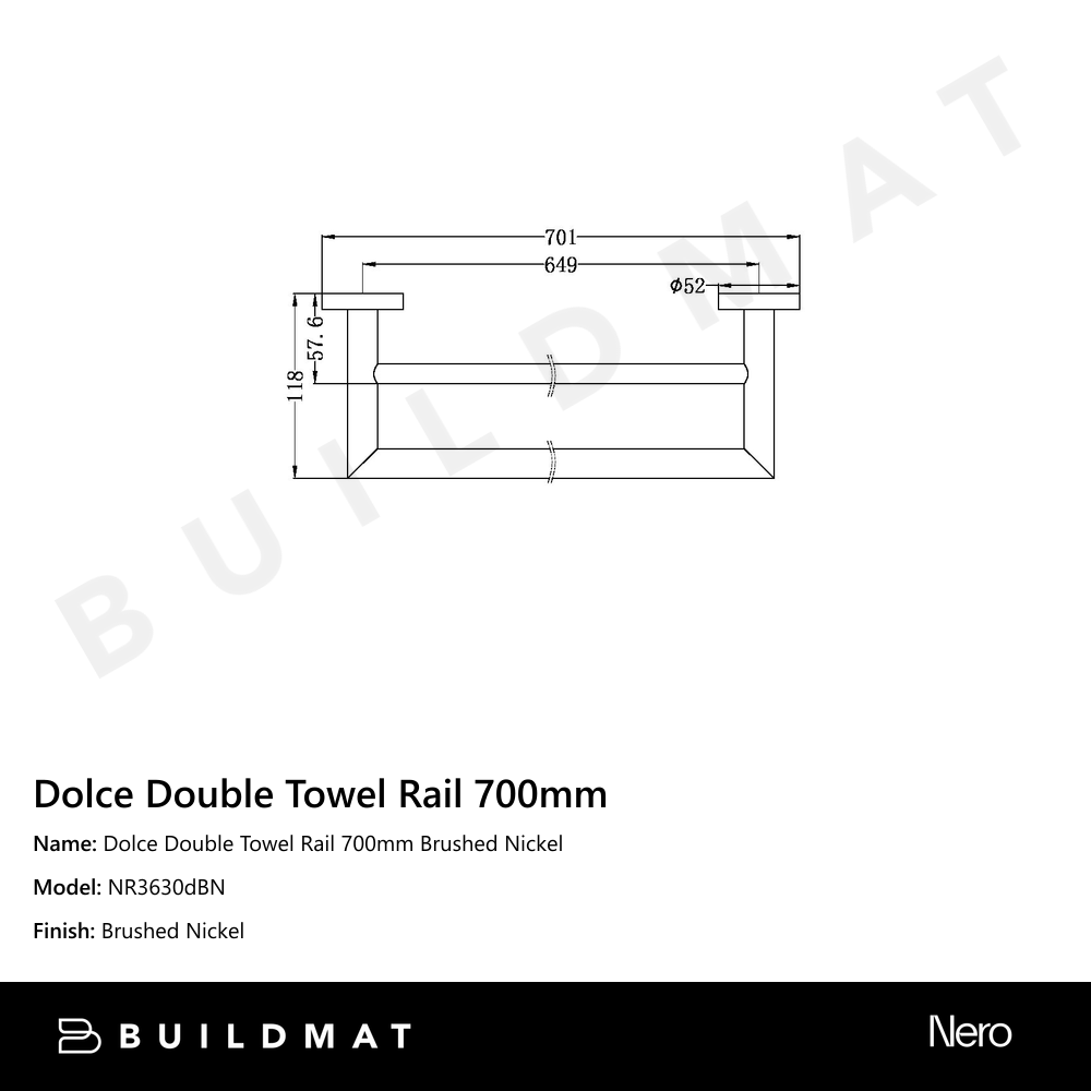 Dolce Double Towel Rail 700mm Brushed Nickel