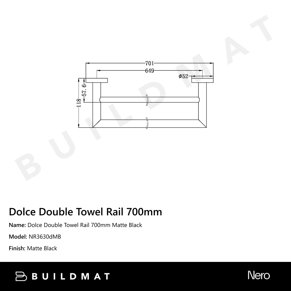 Dolce Double Towel Rail 700mm Matte Black