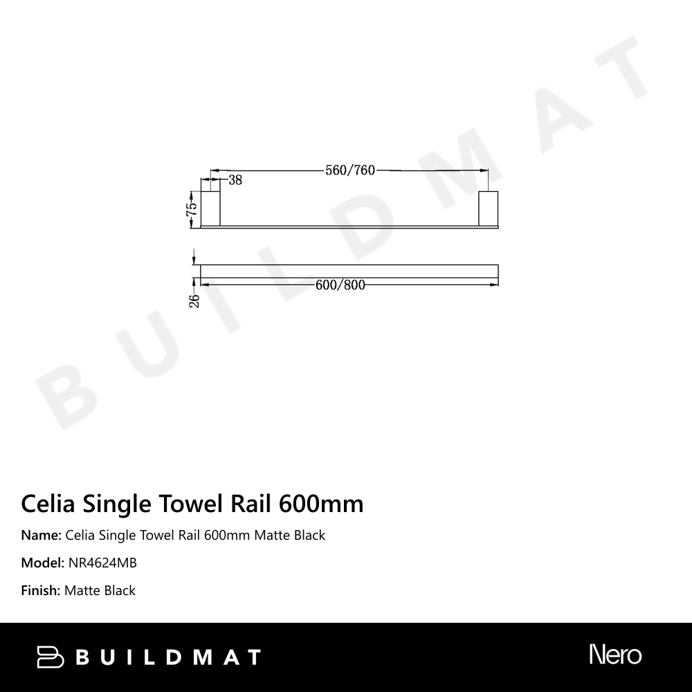 Celia Single Towel Rail 600mm Matte Black