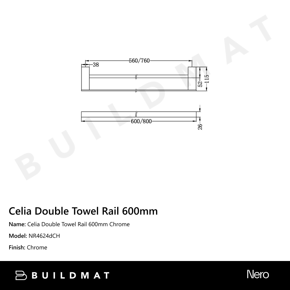 Celia Double Towel Rail 600mm Chrome