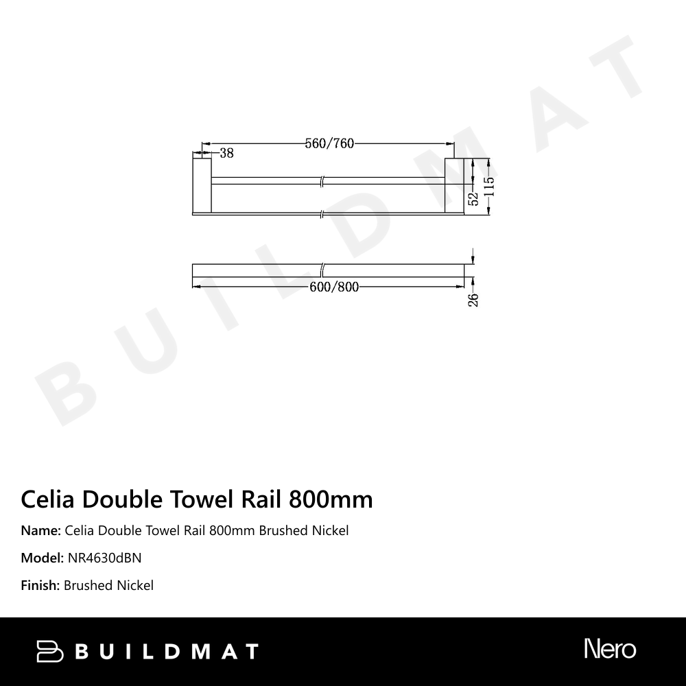 Celia Double Towel Rail 800mm Brushed Nickel