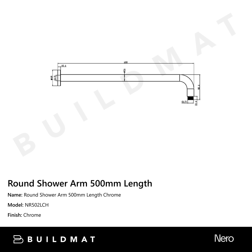 Round Shower Arm 500mm Length Chrome