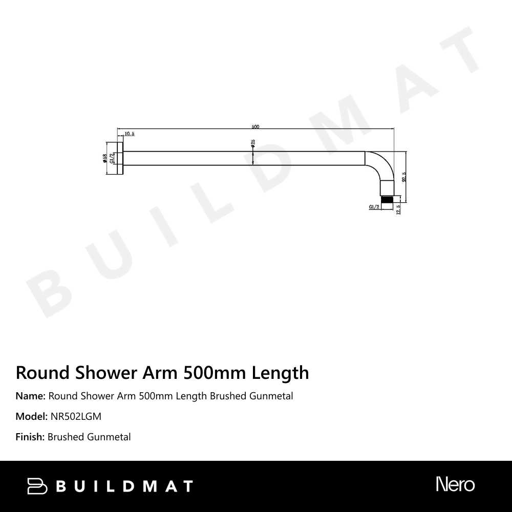 Round Shower Arm 500mm Length Gun Metal