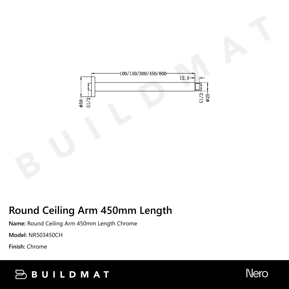 Round Ceiling Arm 450mm Length Chrome