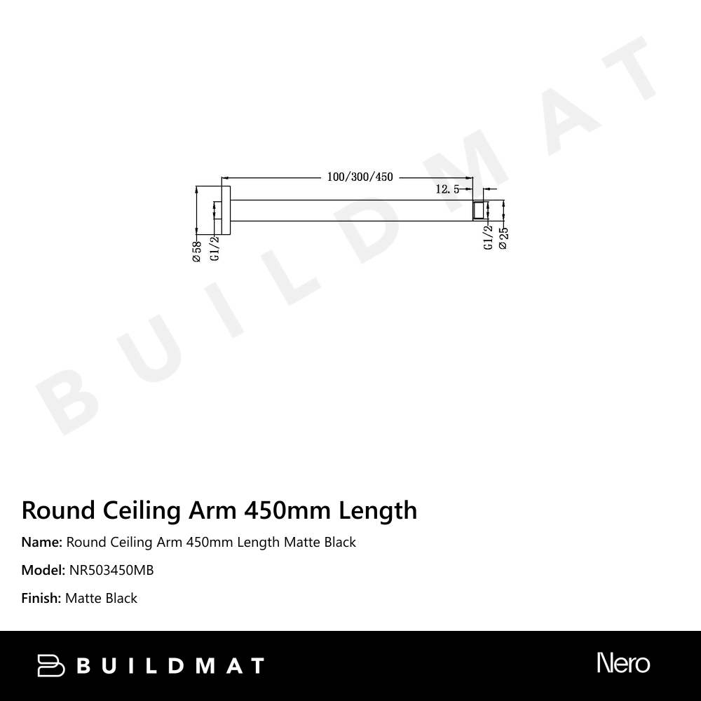 Round Ceiling Arm 450mm Length Matte Black