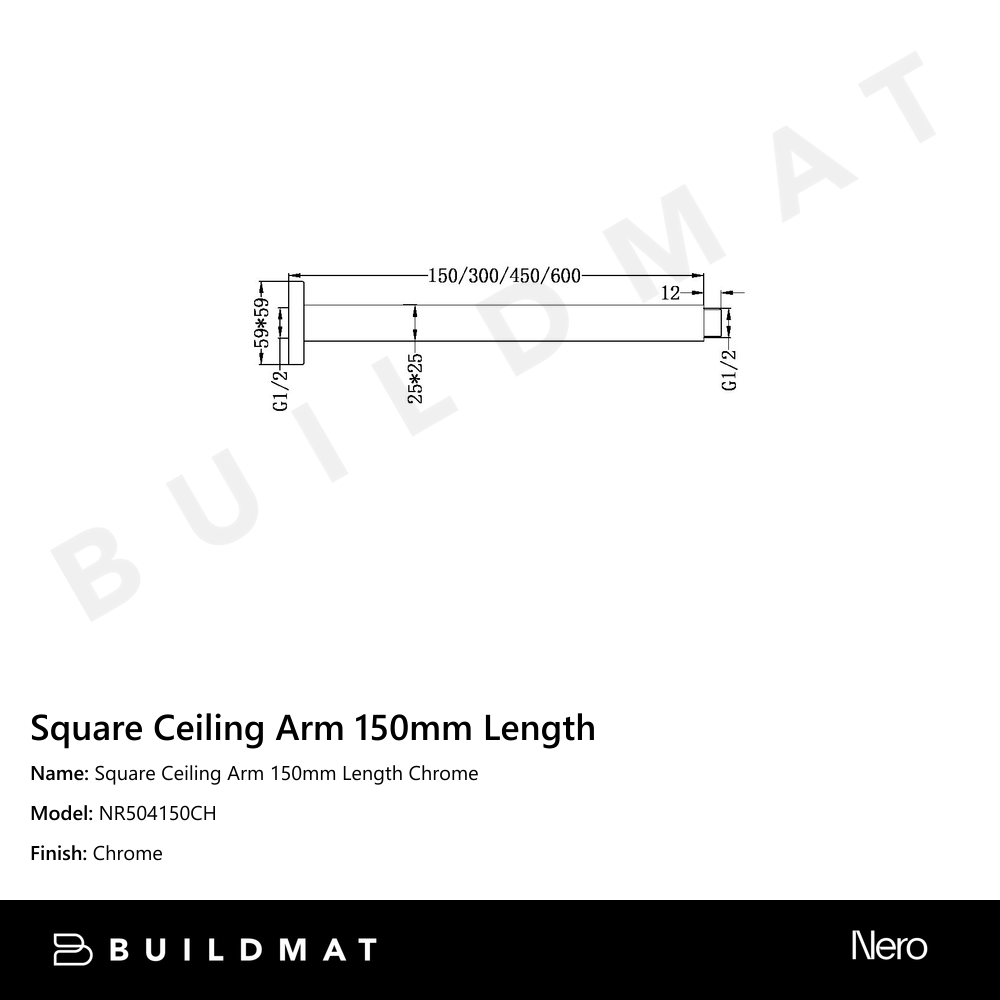 Square Ceiling Arm 150mm Length Chrome