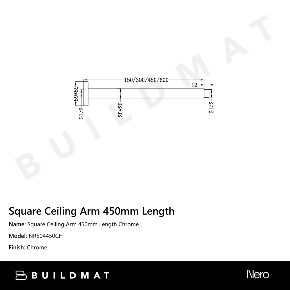 Square Ceiling Arm 450mm Length Chrome