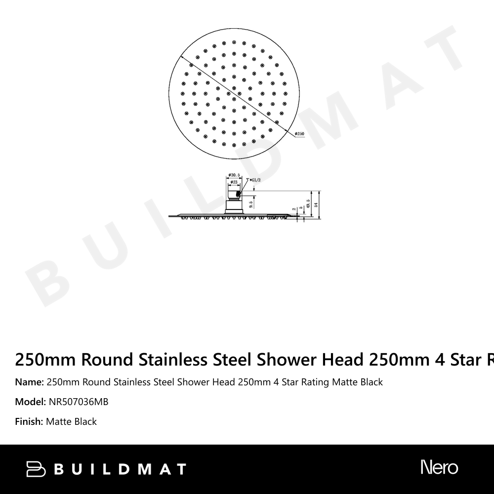 250mm Round Stainless Steel Shower Head 250mm 4 Star Rating Matte Black