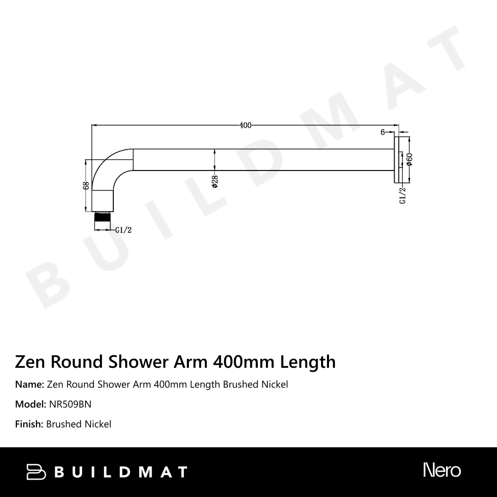 Zen Round Shower Arm 400mm Length Brushed Nickel