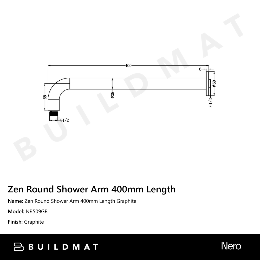 Zen Round Shower Arm 400mm Length Graphite