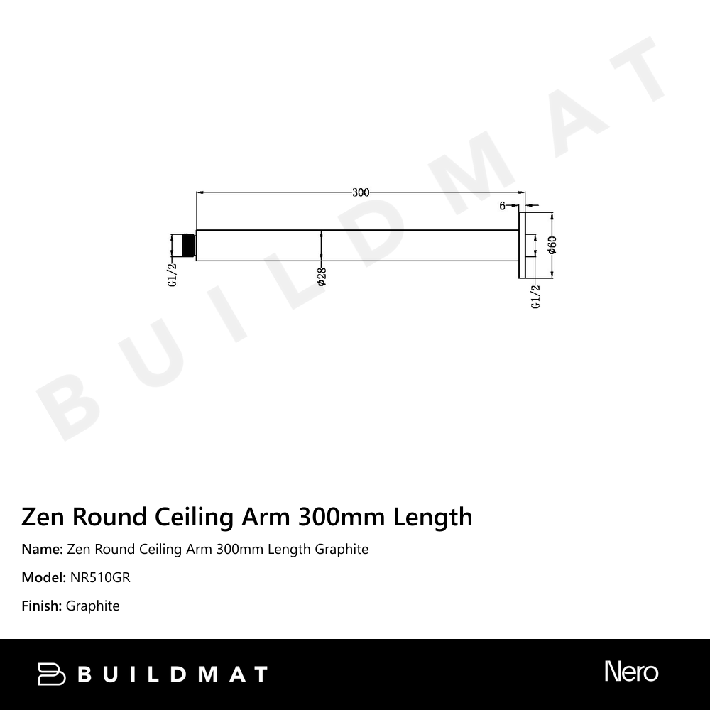 Zen Round Ceiling Arm 300mm Length Graphite