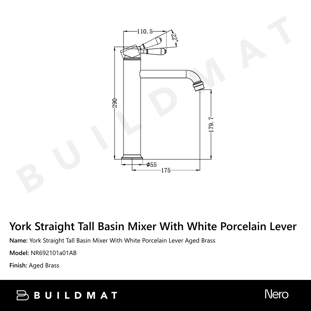 York Straight Tall Basin Mixer With White Porcelain Lever Aged Brass