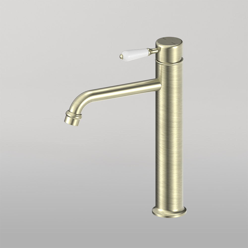 York Straight Tall Basin Mixer With White Porcelain Lever Aged Brass