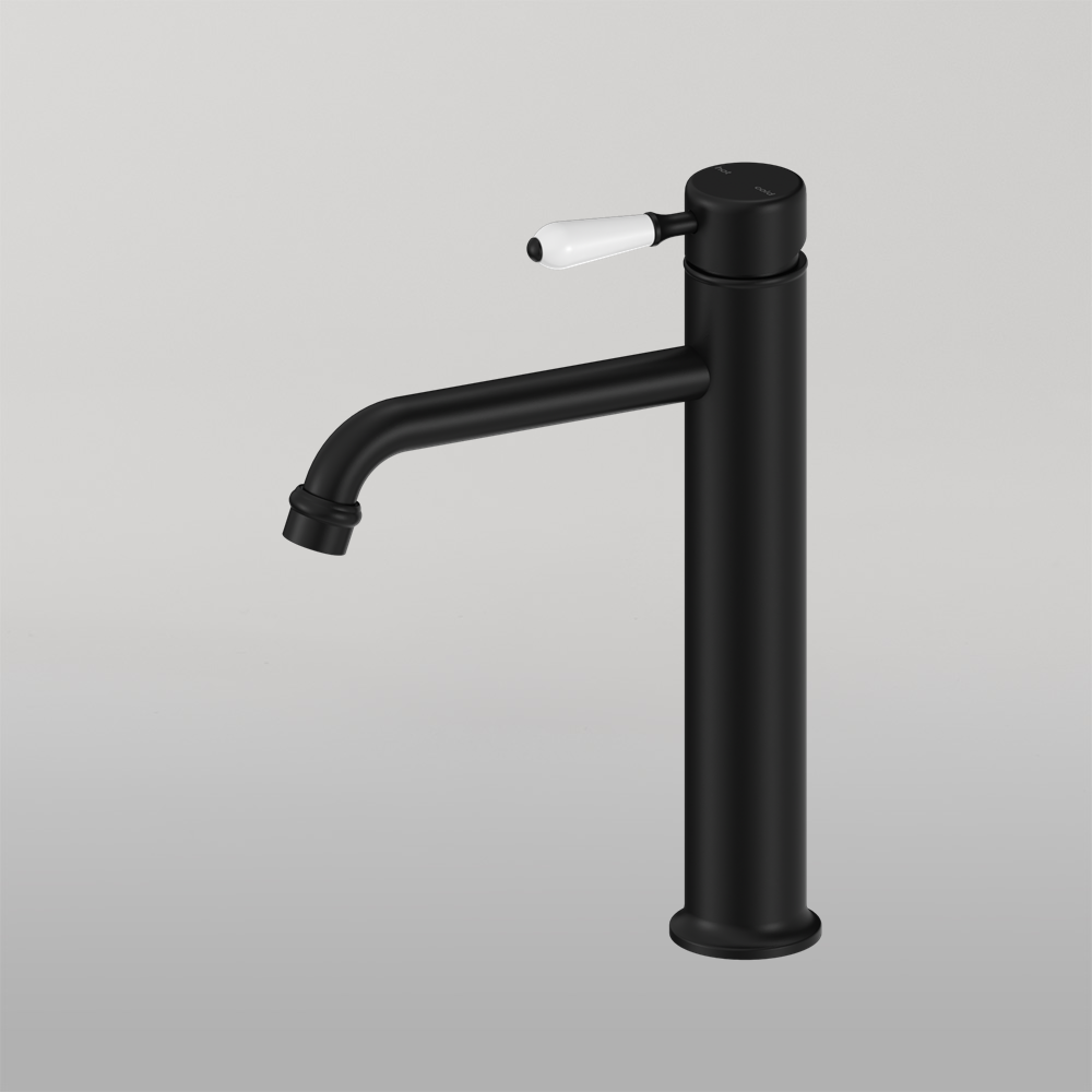 York Straight Tall Basin Mixer With White Porcelain Lever Matte Black