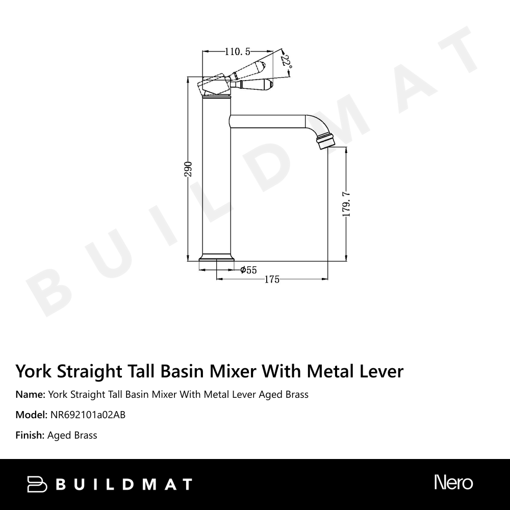 York Straight Tall Basin Mixer With Metal Lever Aged Brass