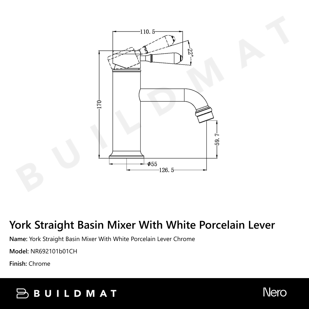 York Straight Basin Mixer With White Porcelain Lever Chrome