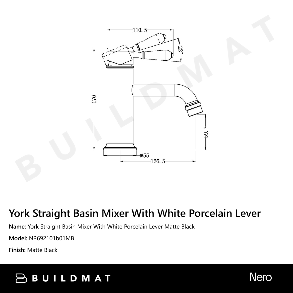 York Straight Basin Mixer With White Porcelain Lever Matte Black