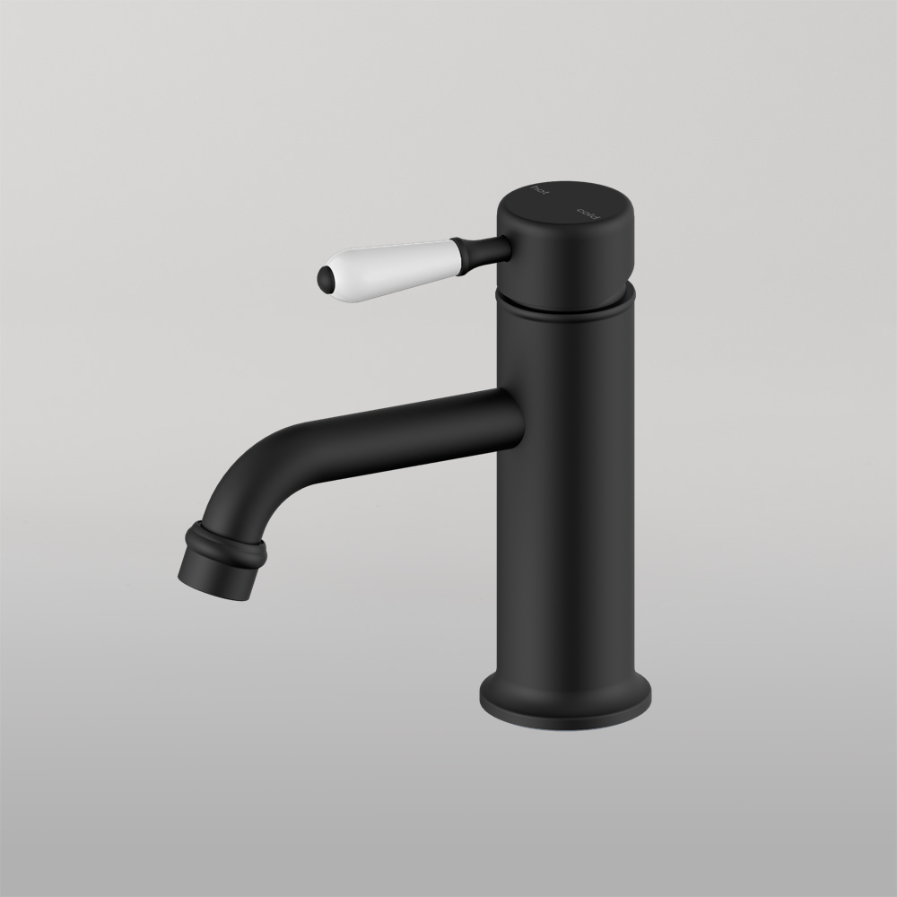 York Straight Basin Mixer With White Porcelain Lever Matte Black