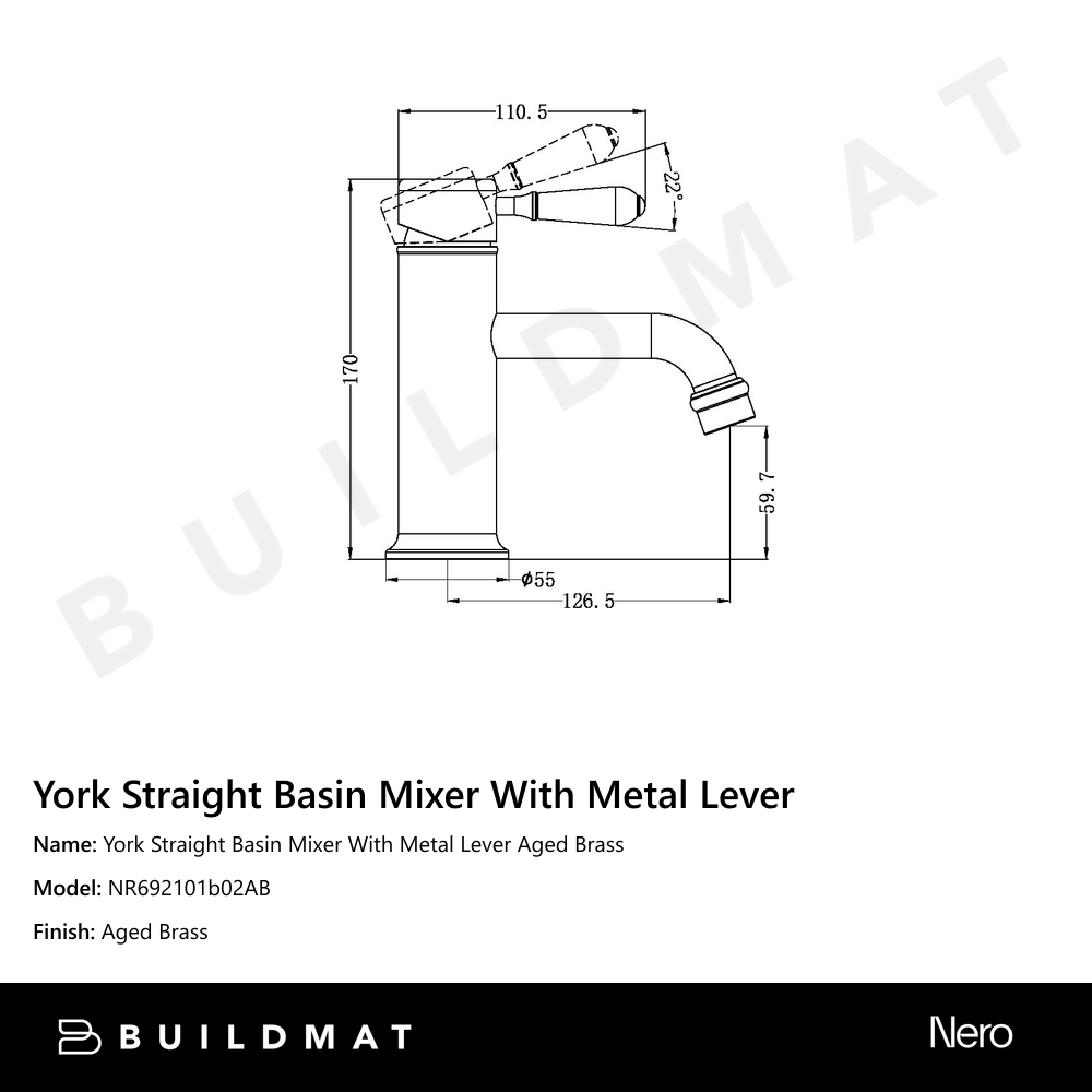 York Straight Basin Mixer With Metal Lever Aged Brass