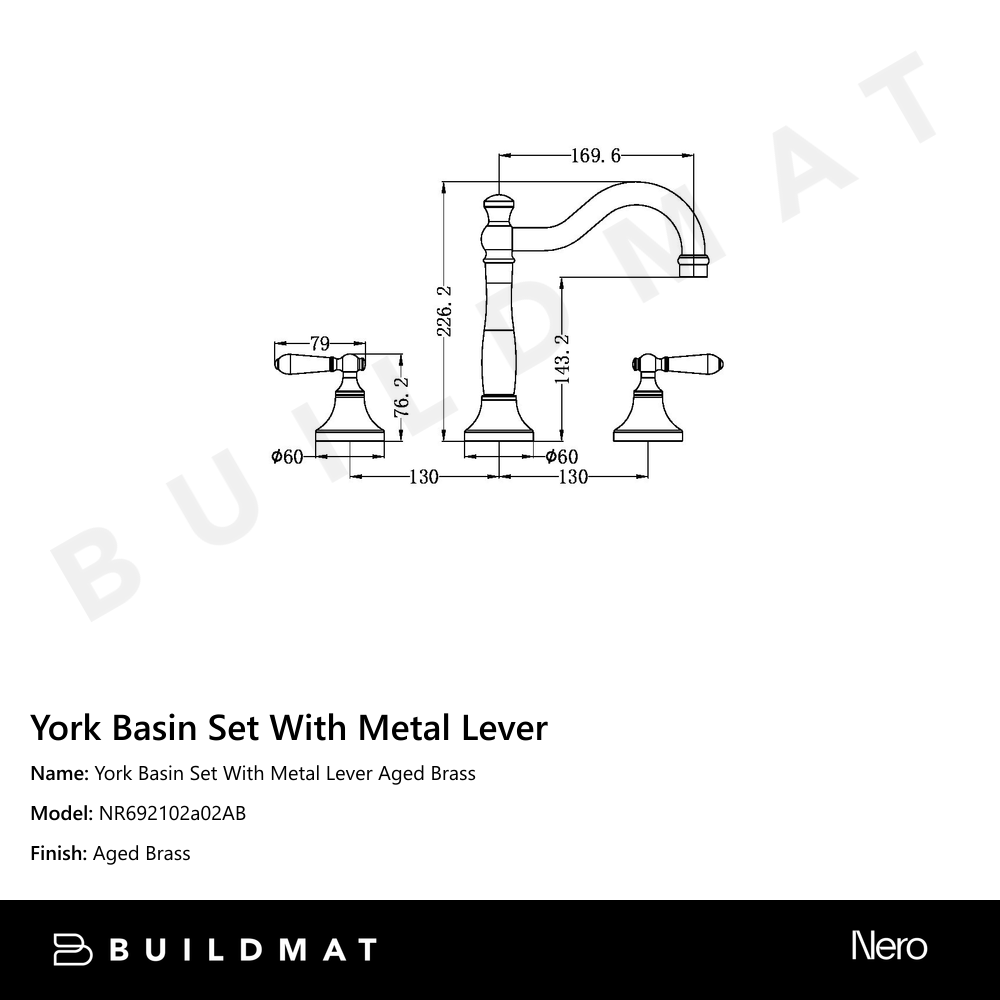 York Basin Set With Metal Lever Aged Brass