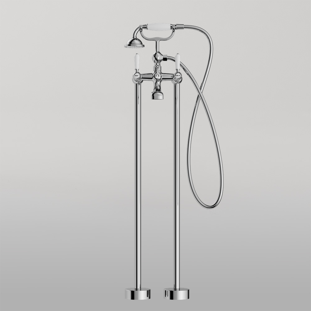 York Freestanding Bath Mixer With White Porcelain Hand Shower Chrome