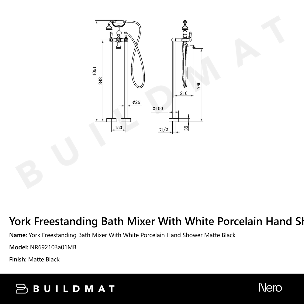 York Freestanding Bath Mixer With White Porcelain Hand Shower Matte Black