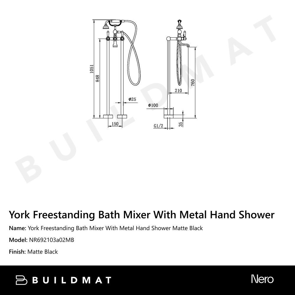 York Freestanding Bath Mixer With Metal Hand Shower Matte Black