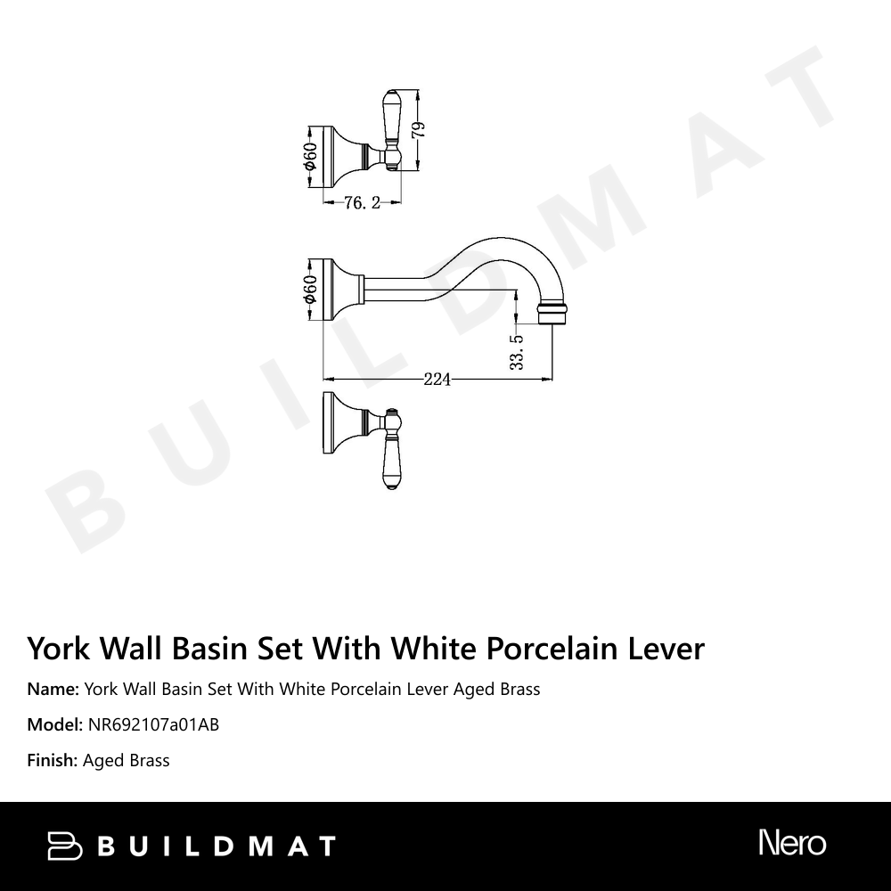 York Wall Basin Set With White Porcelain Lever Aged Brass