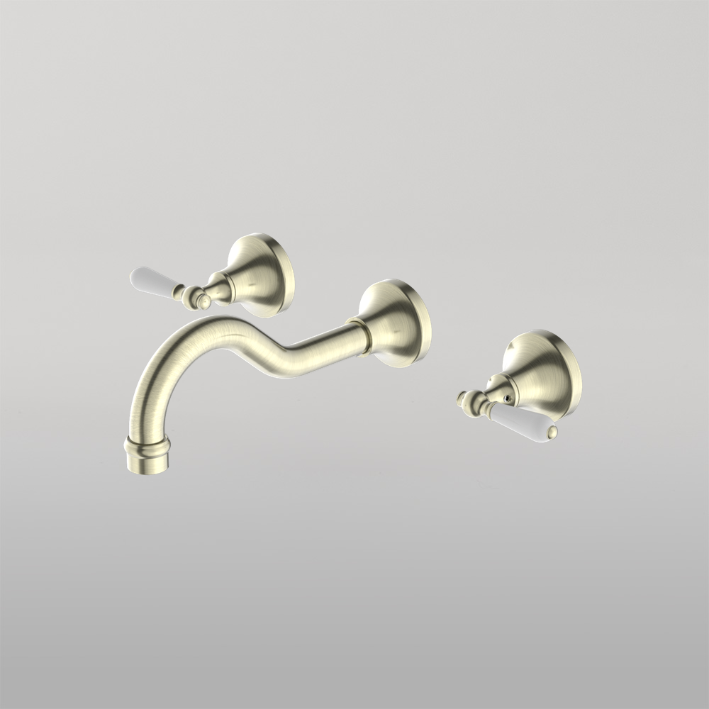 York Wall Basin Set With White Porcelain Lever Aged Brass