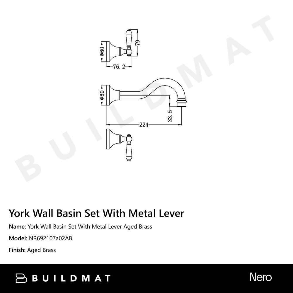 York Wall Basin Set With Metal Lever Aged Brass