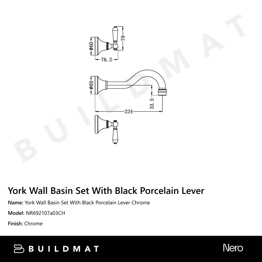 York Wall Basin Set With Black Porcelain Lever Chrome