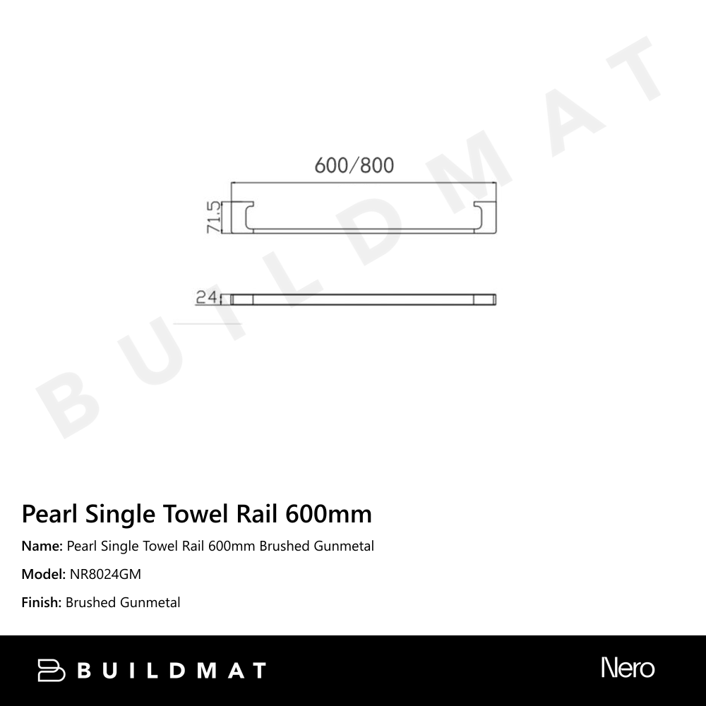 Pearl Single Towel Rail 600mm Gun Metal