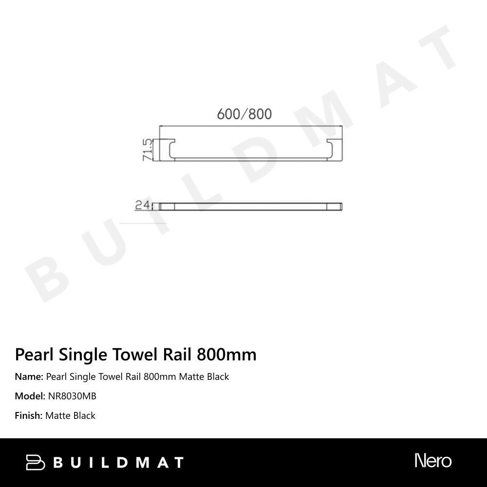 Pearl Single Towel Rail 800mm Matte Black