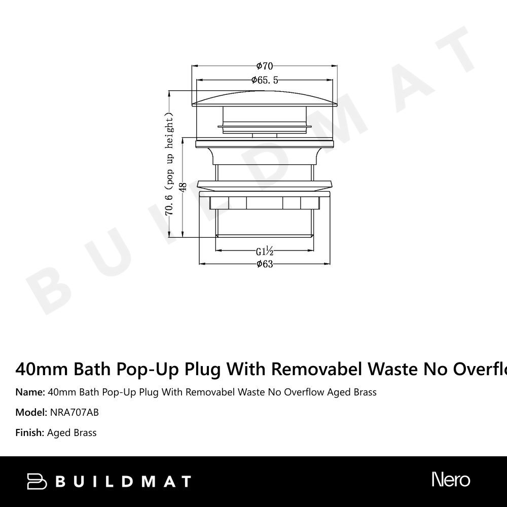 40mm Bath Pop-Up Plug With Removabel Waste No Overflow Aged Brass