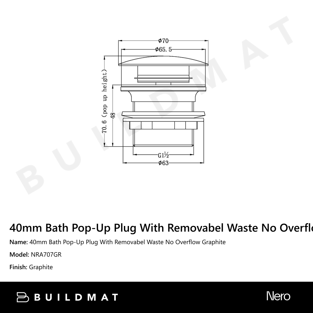 40mm Bath Pop-Up Plug With Removabel Waste No Overflow Graphite