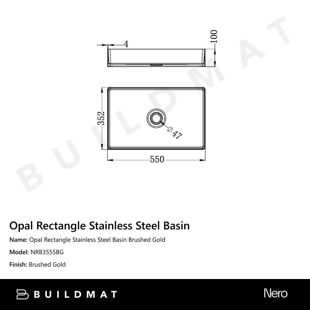 Opal Rectangle Stainless Steel Basin Brushed Gold