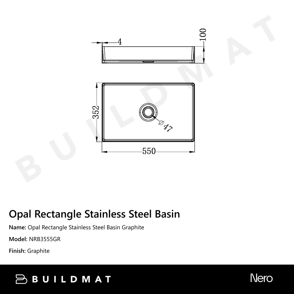 Opal Rectangle Stainless Steel Basin Graphite