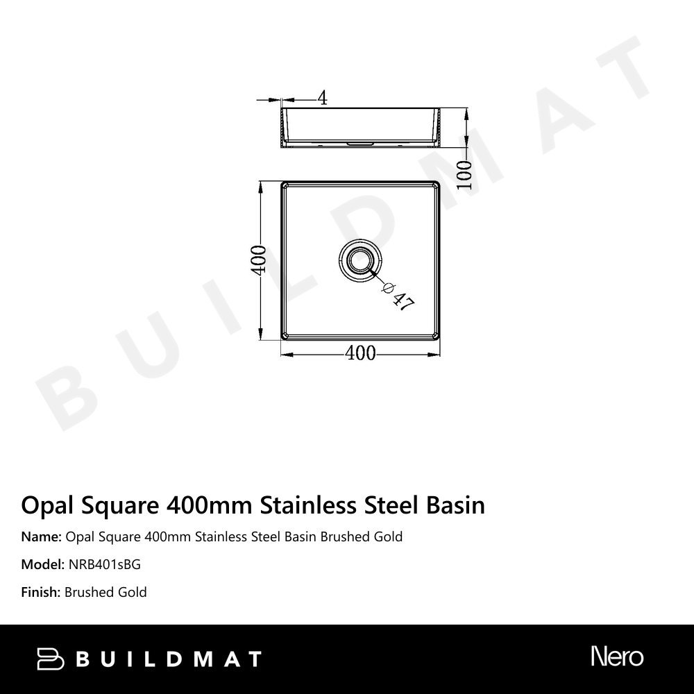 Opal Square 400mm Stainless Steel Basin Brushed Gold